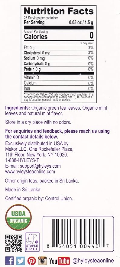 Hyleys Organic Green Tea Moroccan Mint Flavor - 25 Tea Bags (Pack of 2)