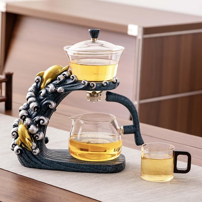 Zurucily Glass Teapot Set with Infuser Semi Automatic Tea Set Magic Teapot (Dolphins)