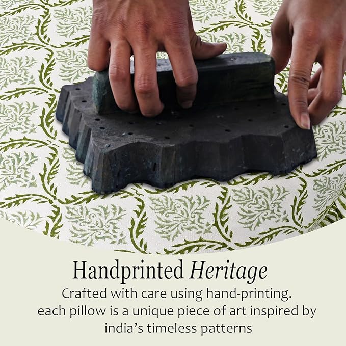 CPC Fern Regal Hand Block Print 100% Cotton Ruffle Throw Pillow Cover 24x24 inch with Hidden Zipper Decorative for Couch, Bed, Sofa, Farmhouse, Cottagecore Decor Gift Christmas Fall Thanksgiving
