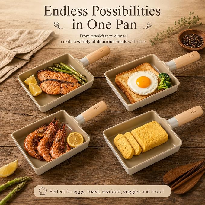 FIKA 6-Inch Nonstick Tamagoyaki Egg Pan, Japanese Omelette Pan for Rolled Eggs, Rectangular Frying Pan with Wooden Handle, Induction Compatible, Made in Korea (15cm)