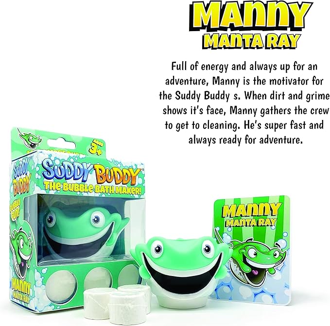 Suddy Buddy® Bubble Maker for Bathtub | Fun Kid Bubble Bath Toys | Bath Bubbler for Boys & Girls Ages 3+ | Includes 1 Foam Dispenser, 1 Trading Card & 3 Super-Bubble Drops | Manny Manta Ray