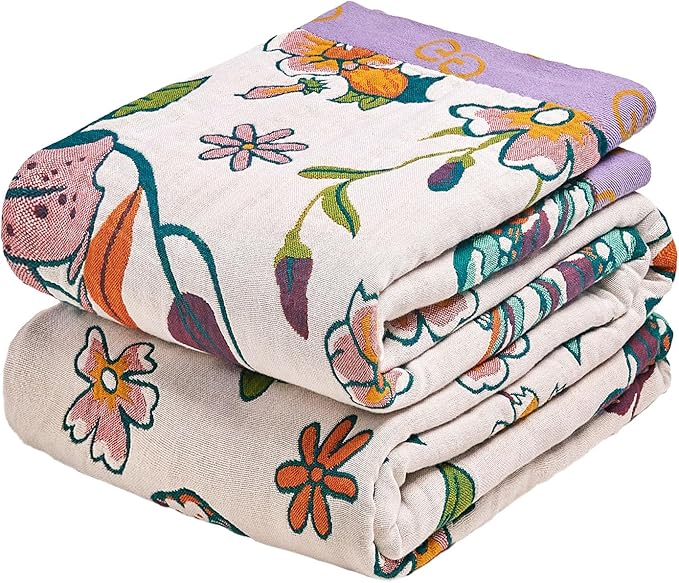MSGKV Boho Throw Blanket 90"x108" 100% Cotton Floral Blanket for Bed | Super Soft Muslin, Everyday Comfort, Lightweight, Farmhouse Decor, King Size, All Seasons, Machine Washable, Cozy Comfort