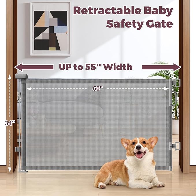 Retractable Baby Gate for Stairs & Doorways, Mesh Dog Gate Indoor Outdoor, Extends to 55" Wide 34" Tall Child Gate for Hallways, Deck, Porch, Pet Toddler Safety Essentials, Easy Install, Grey