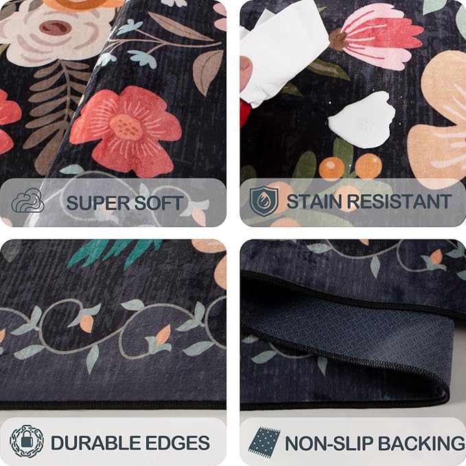 Washable 2'6" x 10' Runners for Hallways, Non Slip Long Floor Runner for Kitchen, Entryway Indoor, Stain Resistant Rubber Backing Floral Décor Rug (Black)