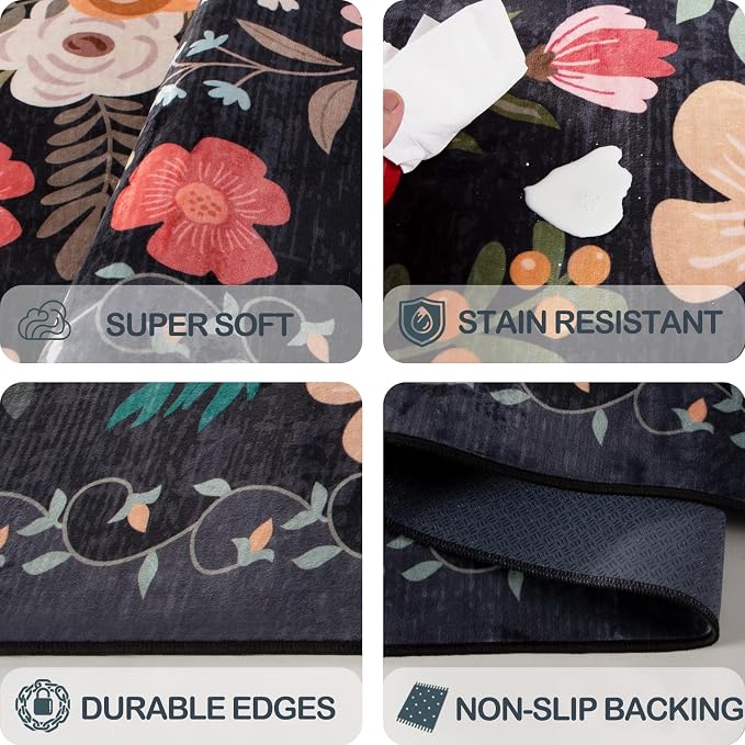 8x10 Area Rug, Floral Rugs for Living Room, Stain-Resistant Washable Bedroom Rug, Non-Slip Area Rugs for Dining Room Under Table, Indoor Rug for Home Office (8 x 10 Black)