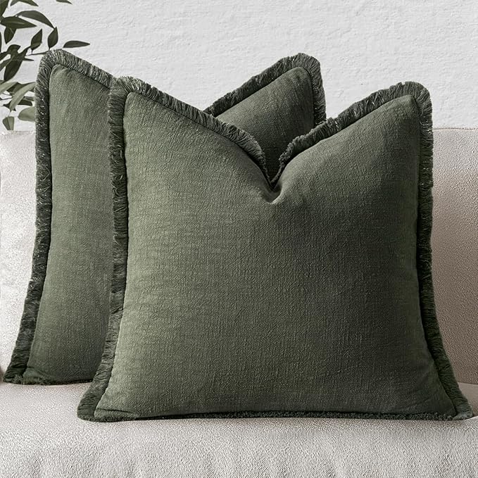 MIULEE Boho Linen Fringe Decorative Throw Pillow Covers Rifle Green 18x18 | Set of 2, Cottagecore Decor, Boho Farmhouse Neutral Pillow Covers, Rustic Couch Cushion Cases for Sofa Bed Living Room