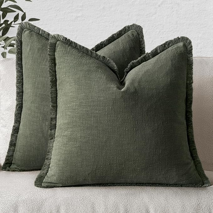 MIULEE Boho Linen Fringe Decorative Throw Pillow Covers Rifle Green 20x20 | Set of 2, Cottagecore Decor, Boho Farmhouse Neutral Pillow Covers, Rustic Couch Cushion Cases for Sofa Bed Living Room