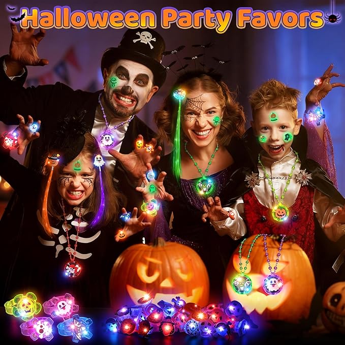 Halloween Party Favors for Kids, 72 Light Up Rings Necklaces Temporary Tattoos Rotating Bracelets Hair Lights, Halloween Trick or Treat Toys Gifts, Goodie Bag Stuffers, Halloween Toys Prizes Bulk