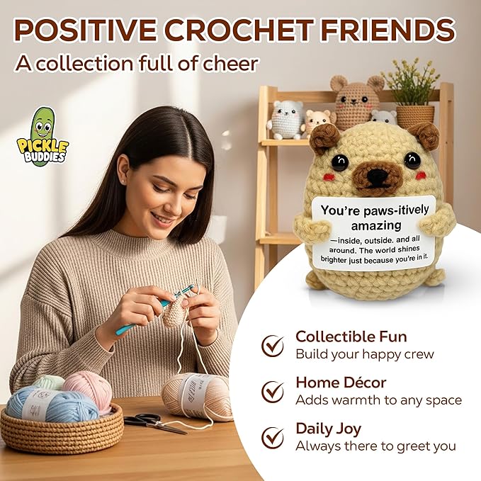 Positive Crochet Animals Pug - Handmade Emotional Support Crochet Doll Dog Desk Decor Pickle Gifts Emotional Support Plush for Anxiety & Stress Relief