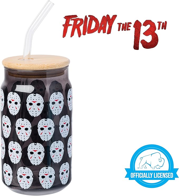 Silver Buffalo Friday the 13th Featuring Jason Vorhees Glass Jar Tumbler with Bamboo Lid and Glass Straw, 16 Ounces