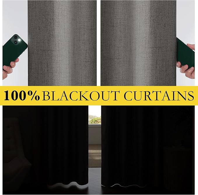 NICETOWN Grizzle Gray Linen 100% Blackout Curtains for Living Room, W52 x L84 in, Set of 2, Thermal Insulated Curtains with Light Blocking Liner, Noise Reducing Rod Pocket Window Treatments for Hall