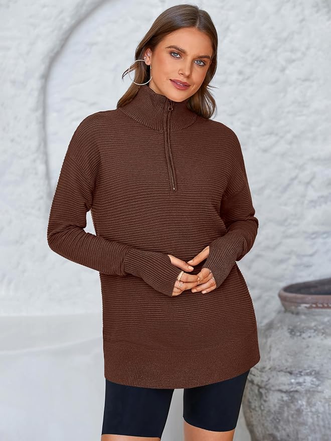 PRETTYGARDEN Womens Long Sleeve Quarter Zip Pullover Sweater Casual Loose V Neck Collared Ribbed Knit Jumper Tops Thumb Hole