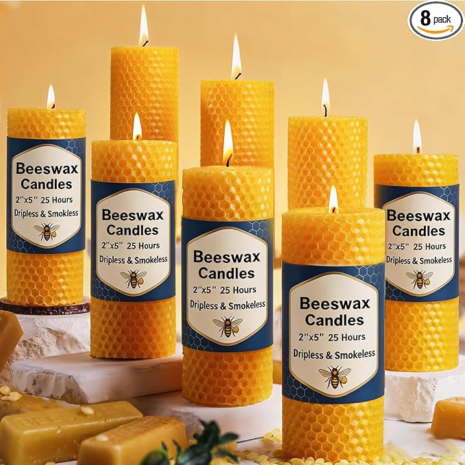 8 Pack Beeswax Pillar Candles, 160 Hours Honeycomb Pure Natural Beeswax Candles for Emergency, Unscented Organic Bees Wax Candle for Home,Prayer,Dripless Smokeless 2x5in