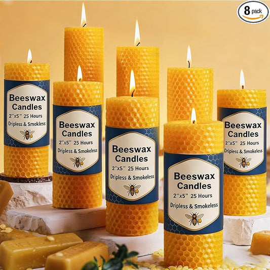 8 Pack Beeswax Pillar Candles, 160 Hours Honeycomb Pure Natural Beeswax Candles for Emergency, Unscented Organic Bees Wax Candle for Home,Prayer,Dripless Smokeless 2x5in