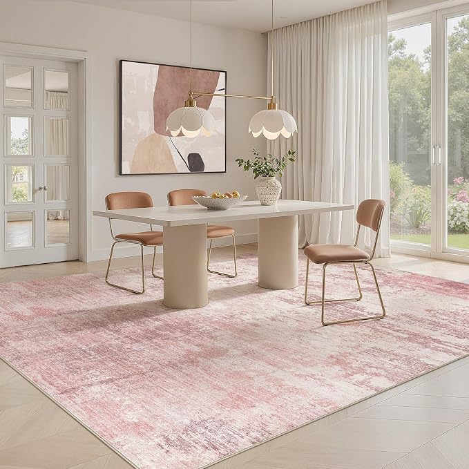 UERMEI 10x12 Area Rug Living Room Rugs - Washable Neutral Modern Abstract Soft Thin Large Rug Indoor Floor No Slip Rug Carpet for Bedroom Under Dining Table Home Office Decor - Pink