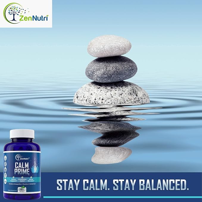 Calm Prime Stress Relief Supplement Non-Drowsy | Mood Support Supplement | Mood Boost | Vegan Daytime Stress Supplements Calm Aid | Stress Vitamins - Ashwagandha, Valerian Root - 60 Count