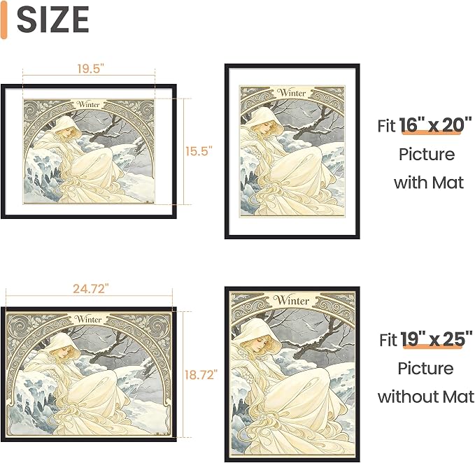 upsimples 19x25 Frame, Display Pictures 16x20 with Mat or 19 x 25 Without, Wall Hanging Poster Frames, Black, 1 Pack