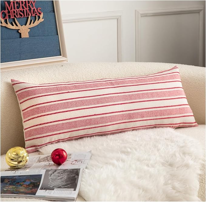 Valentines Lumbar Pillow Covers, Boho Textured Long Accent Pillow Case, Red Pillow Covers 14 x 36 Inch Valentines Day Decoration, Chair Sofa Bedroom Living Room Home Decor Cushion Case, Pack of 1