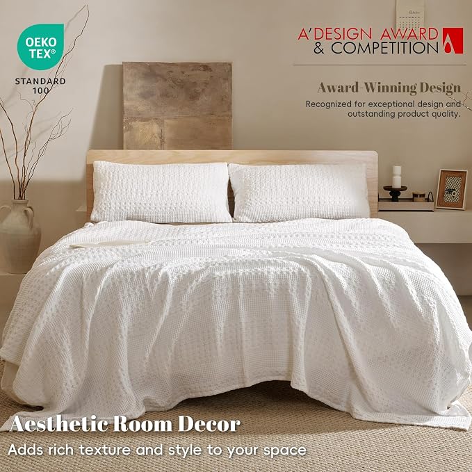 PHF 100% Cotton Waffle Blanket Twin Size, Lightweight Breathable Summer Blanket for Hot Sleepers, Pre-Washed Soft Layer for Bed, Dorm, Couch & Guest Room, Home Decor Gift, 66"x90", White