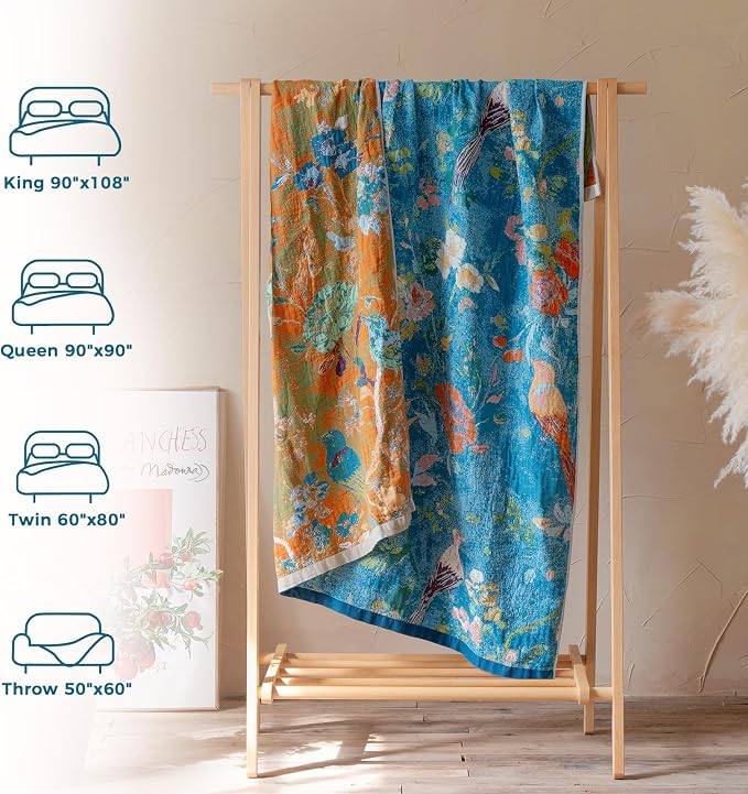 LUTBM Boho Throw Blanket for Couch 50"x60", Cotton Decorative Bed Throw | Blue Reversible Floral Birds Embroidery, All-Season Lightweight Breathable Blankets, For Chair Sofa Bedroom Living Room Decor