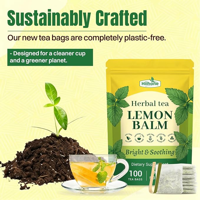 Hiihone Lemon Balm Tea Bags 100 Count – Pure & Natural Lemon Balm Tea, Caffeine-Free Herbal Tea, Calming & Soothing, Non-GMO, Fresh Citrusy Flavor