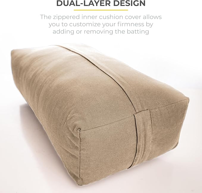 Extra Firm Large Yoga Bolster, 24" x 12" x 6" Cinched OR Zippered Yoga Pillow, Rectangular Cotton Cushion With Removable Cover for Studios, 1 Pack or 2 Pack