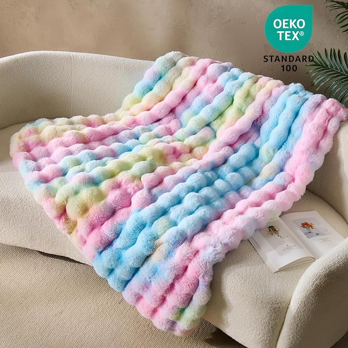 DOWNCOOL Faux Fur Throw Blanket for Couch, Ultra Soft Fluffy Fuzzy Plush Bubble Blanket for Sofa Bedroom Living Room, Cozy Warm Luxury Fleece Minky Blanket, 50x60 Inches Rainbow