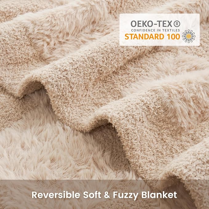 Snuggle Sac Checkered Throw Blanket Faux Fur Microfiber Blankets for Couch,Cozy Soft Warm Blanket for Sofa Bedroom Living Room,Solid Beige,50x60 inches
