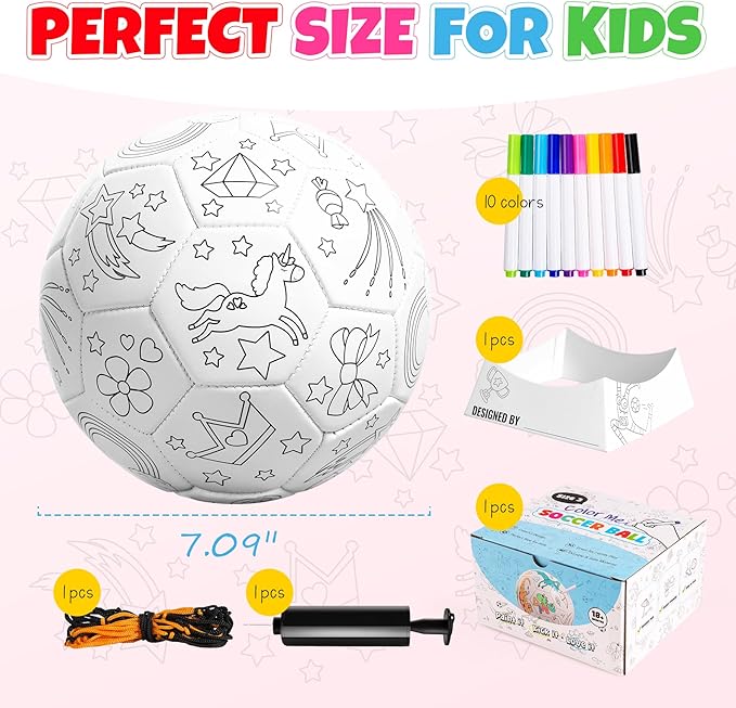 EVERICH TOY Paint Your Own Soccer Ball with Markers, Toddler Arts and Crafts Soccer Gifts, Kids Soccer Ball Size 3 Unicorn Toys for Girls Boys, Sports Drawing DIY Design Color Play Ball Game with Pump