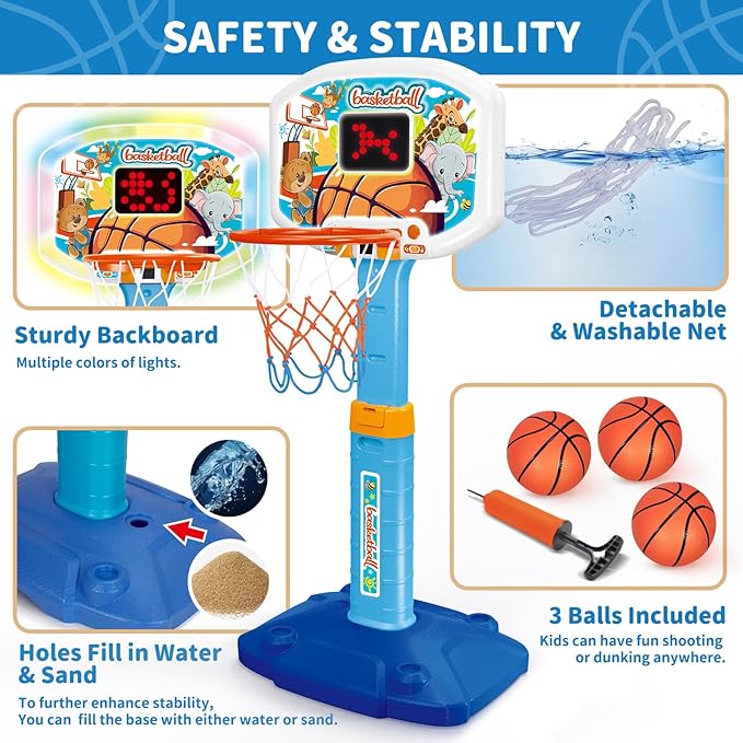 Toddler Basketball Hoop Indoor for Age 1 2 3, Adjustable Kids Basketball Hoops with Light Sound, Mini Basketball Hoop with 3 Balls, Birthday Christmas Sport Toys Gift for Baby 12-18 Months