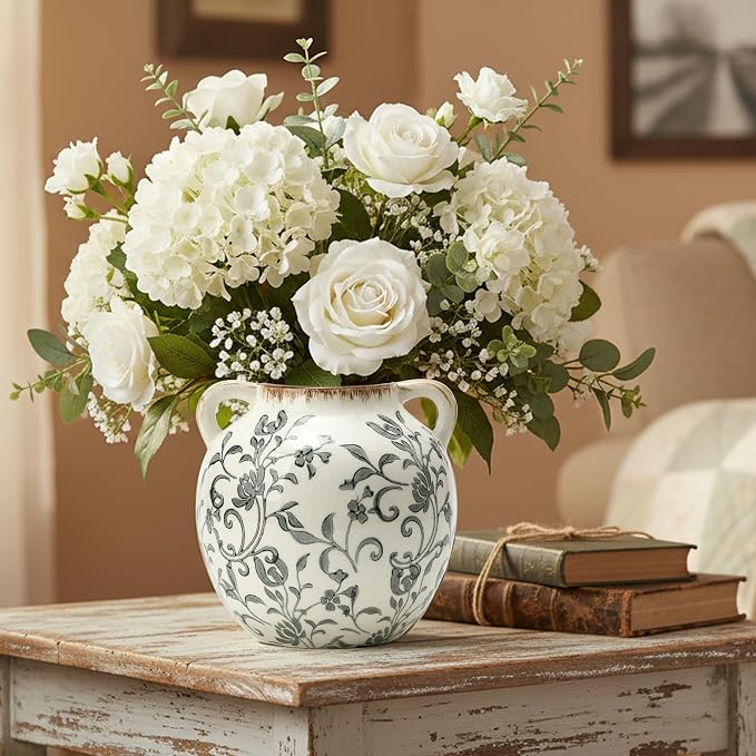 Gray Vintage Antique Vase, 5.6 Inch All Seasons Chinoiserie Floral Vase, Rustic Ceramic Vase for Home Decor, Living Room, Bookshelf, Office, Entryway, Garden, Chinoiserie Decor, Tuscan Decor