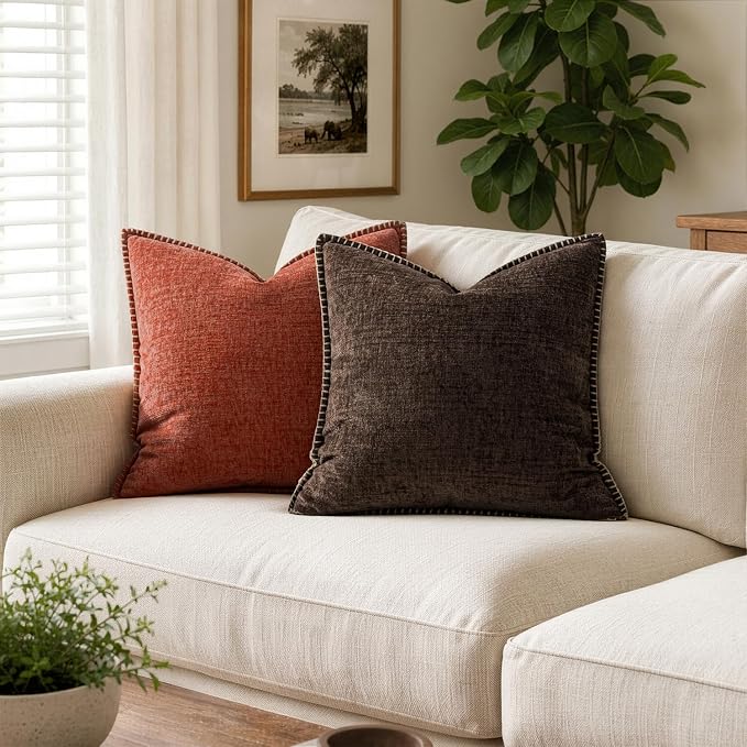 MIULEE Decorative Couch Throw Pillow Covers 20x20 Inch Dark Brown 2 Pack | Farmhouse Pillow Covers with Stitched Edge, Soft Chenille Cushion Cases, for Sofa Bed Living Room Home Decor