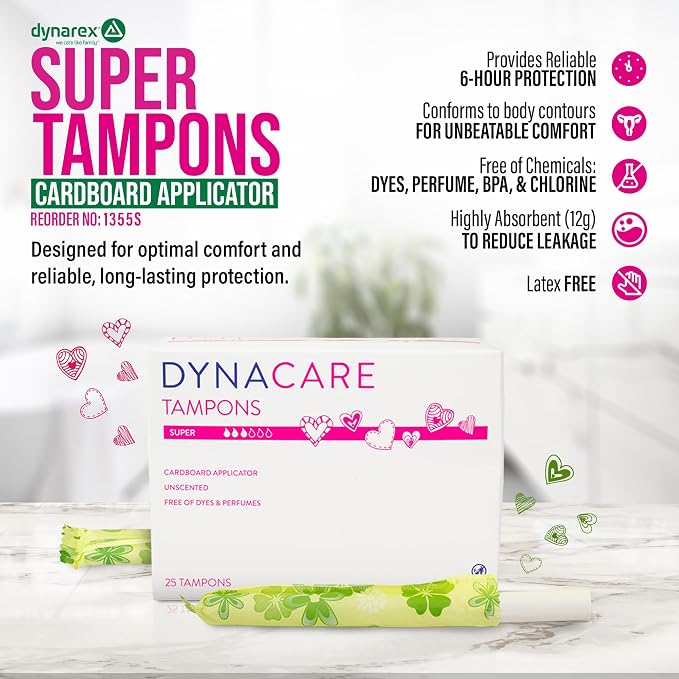 Dynarex Super Tampons – Bulk Feminine Hygiene Product with Cardboard Applicator – 7 Hour Protection – 9 Boxes, 225 Total Tampons