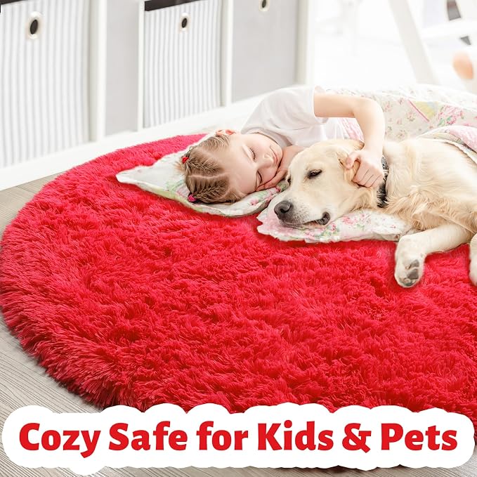 Red Small Round Rug 3Ft for Boys Bedroom, Fluffy Shag Circle Area Rugs for Kids Room Decor Aesthetic, Fuzzy Plush Fur Carpets for Living Room Nursery Dorm Classroom Playroom, Red Christmas Carpet