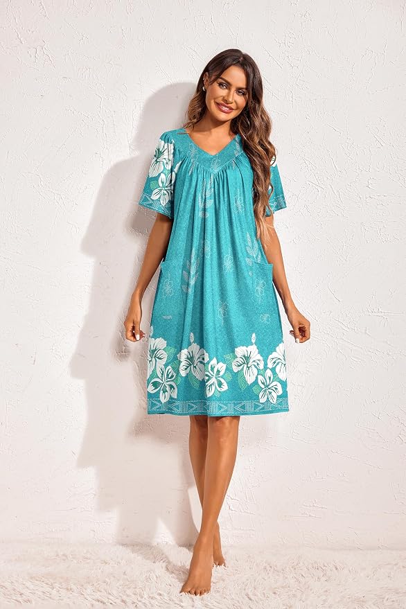Ekouaer Womens House Dress Floral Print Nightgown with Pockets Mumu Dress