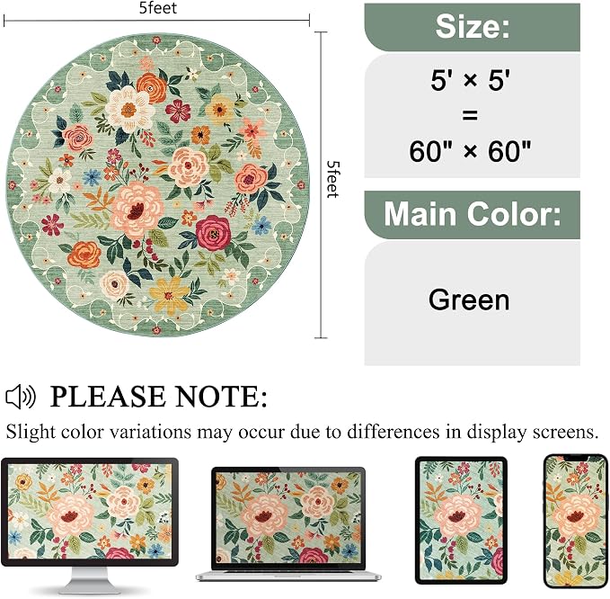 DUKINO 5ft Round Rug, Non Slip Floral Washable Small Circle Rug, Green | Soft, Low Pile, Floral Indoor Area Rug for Bedroom, Living Room, Kids Room, Office, Pet Friendly, Stain Resistant, Home Decor