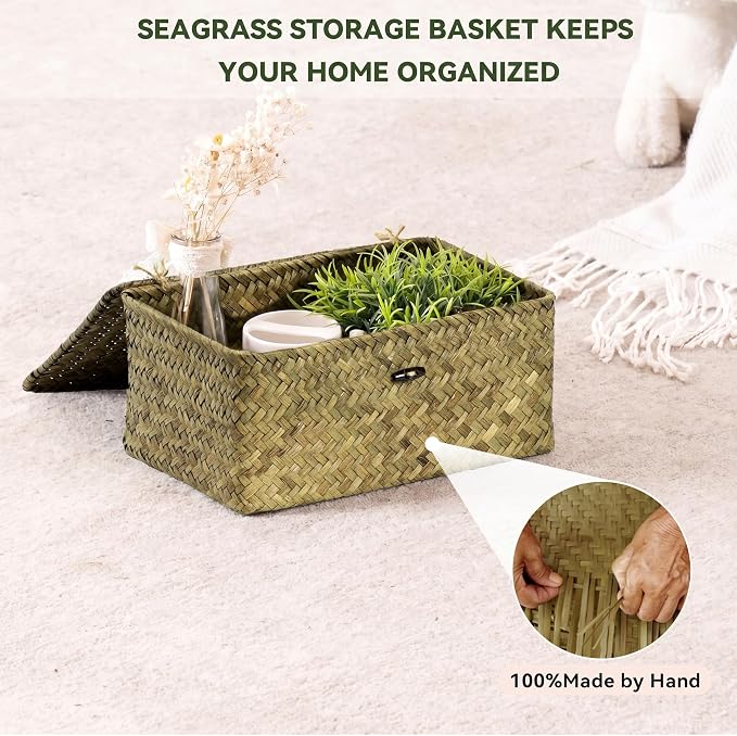 Nonam Storage Basket with Lid, Natural Seagrass Bin with Lid Set of 3, Shelf Baskets Multipurpose Container for Boho Decoration, Rectangular Storage Boxes for Home Organization- Dark Moss Green