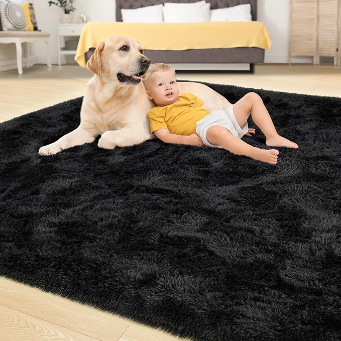 Tepook Area Rugs 7x10 for Living Room, Super Soft Fluffy Rugs for Bedroom, Modern Shaggy Rug Fuzzy Carpets for Kids, Plush Indoor Nursery Home Decor Rug with Non-Slip Bottom, Black