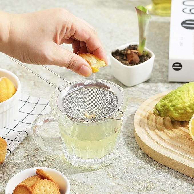 3.35 Inch Silver Fine Mesh Strainer, Stainless Steel Metal Handheld Small Mini Sieve Strainer, Kitchen Food Strainer with Handle for Cocktail, Tea, Coffee and Juice