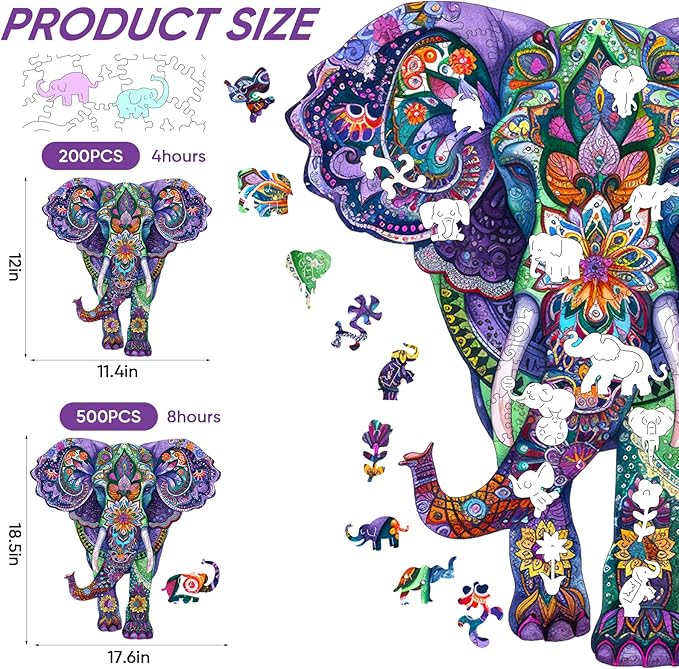 Qiuenisray Wooden Puzzles for Adults, Elephant Jigsaw Puzzles 200 Pieces, FSC Certified Wall Decor, Unique Shape Animal Adult Puzzles, Creative Gift for Family Game 12.4x11.4 in