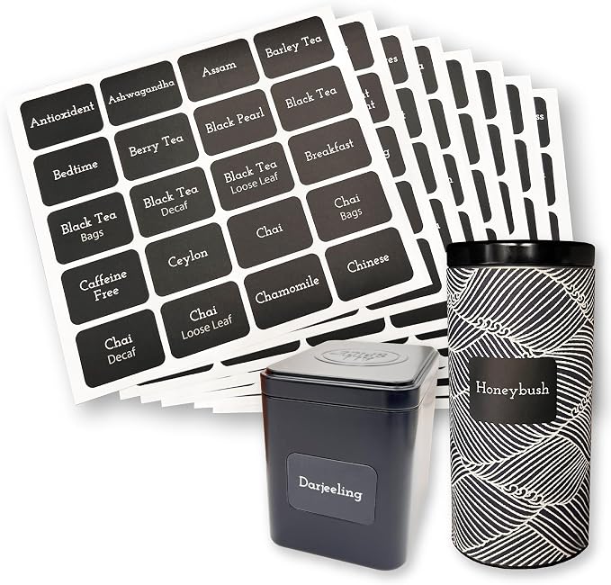 Tea Tin Labels, 160 Pre-Printed Waterproof Adhesive Labels, 1.7 x 1.2 Inches, Vinyl Material, Removable