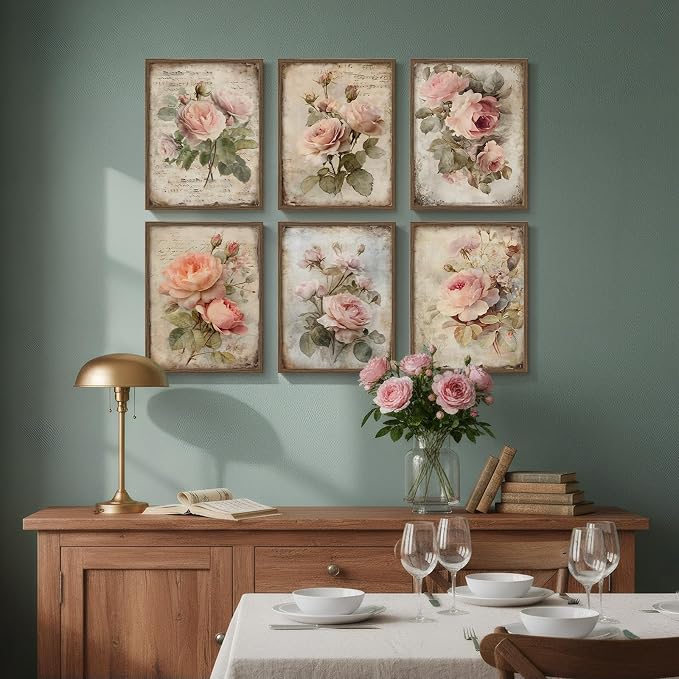 Framed Vintage Floral Wall Art, Set of 6 Boho Pink Rose Flower Canvas Painting Prints Artwork for Rustic Farmhouse, Retro Botanical Pictures for Bedroom Living Room Office Home Decor, 11x14