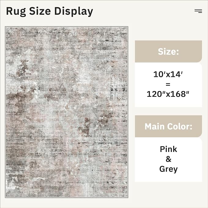 Soalmost 10x14 Area Rugs for Living Room Washable Rug Abstract Pink/Grey | Non-Slip Large Modern Carpet for Dining Bedroom, Soft Low Pile Lightweight Foldable Floor Mat Nursery Home Office Decor