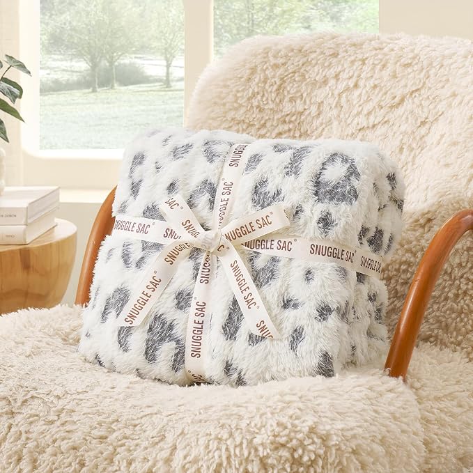 Snuggle Sac Leopard Luxury Faux Fur Throw Blanket for Couch,Ultra Soft Cozy Plush Fluffy Blanket for Sofa Bedroom Living Room,Grey Leopard,50x60 inches
