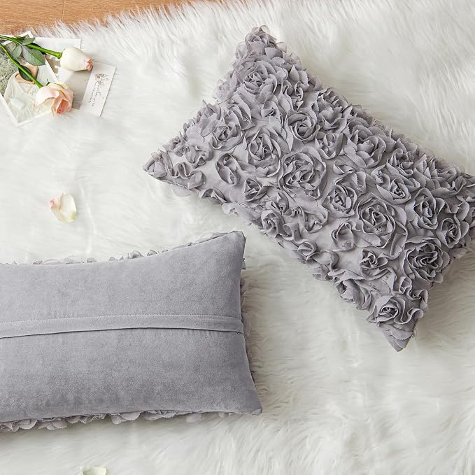 MIULEE Decorative Rose Flower Pillow Cover Pack of 1 Grey 12x20 Inch | Cute Romantic Stereo Chiffon Throw Pillow Cover Aesthetic Solid Pillowcase for Girl Coquette Room Decor Coach Bedroom