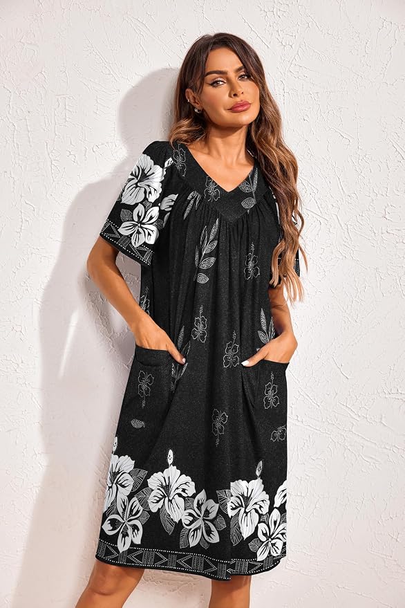 Ekouaer Womens House Dress Floral Print Nightgown with Pockets Mumu Dress