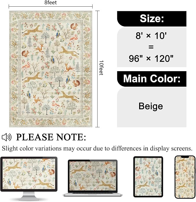 DUKINO 8x10 Area Rugs, Washable Soft Animal Bedroom Rug Non Slip, Beige | Non Slip, Low Pile, Stain Resistant Indoor Large Carpet for Living Room, Dining Room, Kids PlayRoom, Farmhouse, Pet Friendly