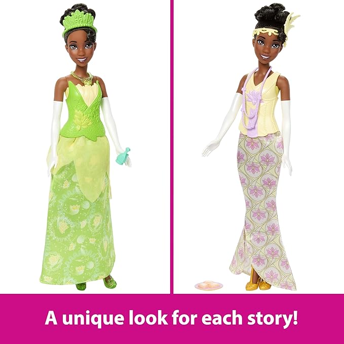 Mattel Disney Princess Toys, Tiana Fashion Doll with 2 Looks, 9 Accessories, 2 Snap-On Bodices & 2 Skirts, 2-in-1 Stories Inspired by Disney Movie