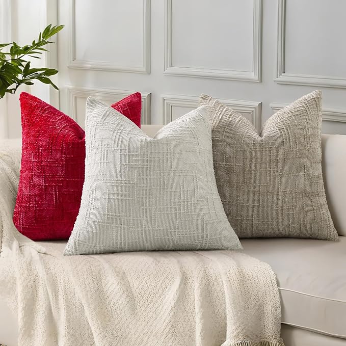 decorUhome Textured Chenille Throw Pillow Covers 26x26 Set of 2 Red | Fall Modern Farmhouse Soft Cozy Slubby Couch Pillow Cases Boho Decorative Pillow Cases for Bed Sofa Living Room Home Decor