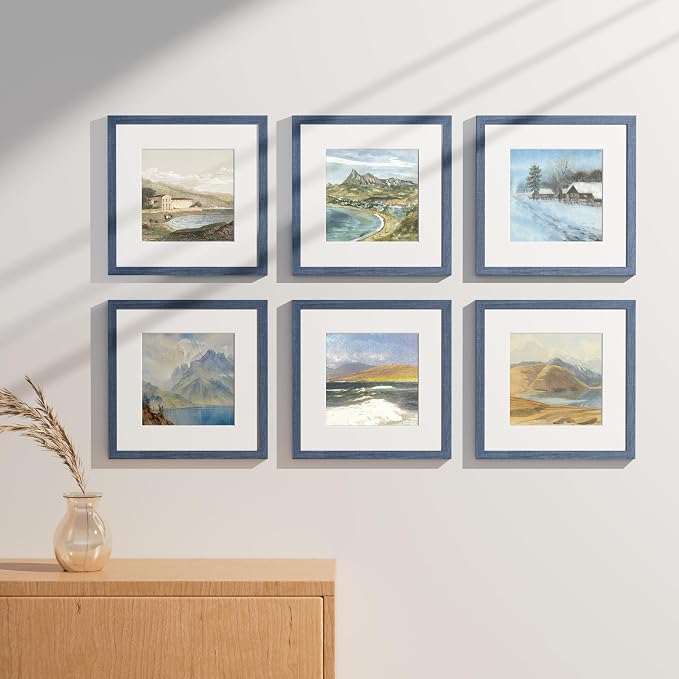 Vittanly 12x12 Picture Frames Set of 9 for Wall Mounting, Navy | Display Pictures 8x8 with Mat or 12x12 without Mat for Wall Mounting, Square Photo Frames for Home Decor, Engineered Wood